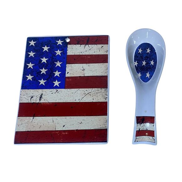 Warren Kimble Colonial Patriotic Spoon Rest and Hot Plate Trivet Set of 2 - Picture 1 of 5
